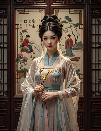 A young woman stands in front of a traditional Chinese room with intricate wooden panels and red and gold accents. She is wearing a white dress adorned with blue and green stripes, and her hair is styled in an elegant updo. The woman holds a bouquet of yellow flowers in her hands.