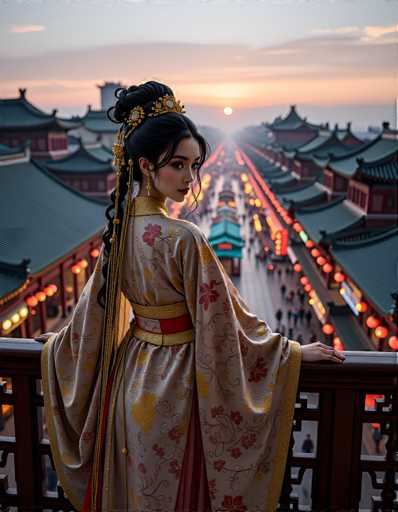 A woman dressed in traditional Chinese clothing stands on a balcony overlooking a cityscape at sunset. The sky is painted with hues of orange and pink, creating a serene backdrop for the scene. The buildings are adorned with lanterns that add to the warm glow of the setting sun.