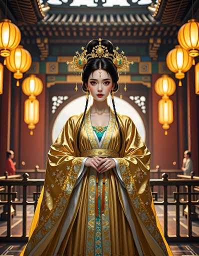 The image depicts a woman wearing traditional Chinese clothing and a gold headpiece with a green gemstone at the top of her hair. She is standing in front of an ornate archway adorned with yellow lanterns that cast a warm glow throughout the scene. The background features a wooden structure, adding to the overall atmosphere of the painting.