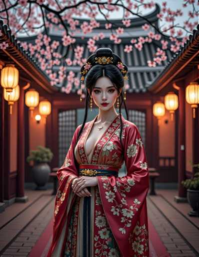 A woman is standing on a red carpet with her arms crossed and hands at her sides, wearing a traditional Chinese dress that features a floral pattern. The setting appears to be an oriental palace or temple, as indicated by the presence of lanterns hanging from the roof above the doorway.