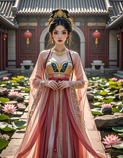 A woman is standing in front of a traditional Chinese building with red walls and gold accents. She is wearing a pink dress adorned with gold embroidery and a gold headpiece. The background features water lilies and other plants, creating an impressionistic style that emphasizes the colors and shapes over details.