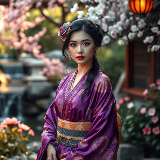 A young woman is standing in front of a waterfall with pink flowers and trees behind her. She is wearing a purple kimono with gold accents and has a flower in her hair.