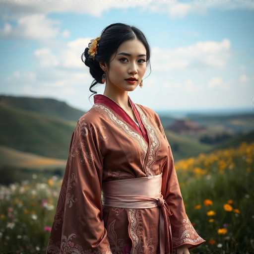 A young woman stands in a field with wildflowers and mountains in the background. She is wearing an orange kimono with a pink sash around her waist and has a flower pinned to her hair.