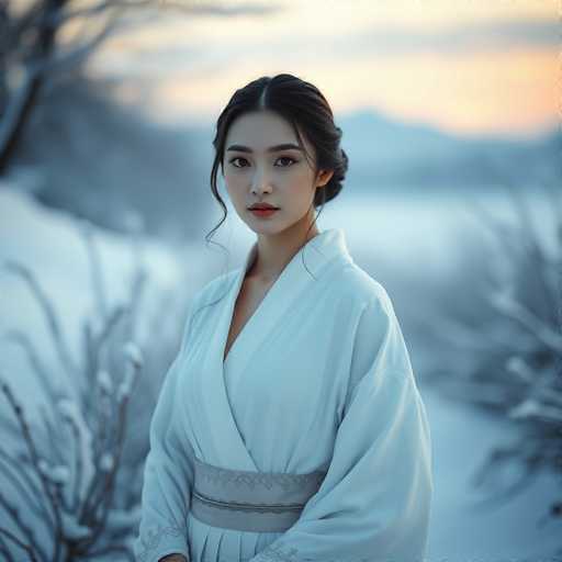 A young woman is standing in a snowy landscape with her back facing the camera and looking directly at it. She is wearing a white kimono that has a belt around her waist. The background features snow-covered trees and bushes, creating a serene winter scene.