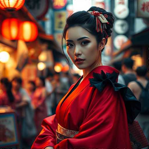 The image shows a young woman wearing traditional Japanese clothing and accessories such as a red kimono with a black bow on the shoulder and a matching red headband. The background is blurred, suggesting that she is in an urban setting, possibly a market or street scene.