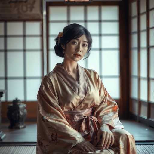 A woman is seated on a wooden floor inside a traditional Japanese room with white walls and a window that allows natural light to enter the space. She is wearing an orange kimono with a floral pattern and a gold sash around her waist. The woman has dark hair styled in an updo, and she is looking directly at the camera with a serious expression on her face.