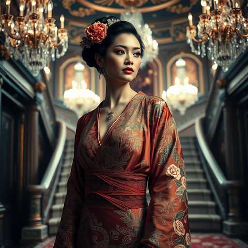 A woman wearing an orange and red kimono with a flower on her head is standing in front of a grand room with chandeliers hanging from the ceiling. The room has a high ceiling and ornate decorations that give it an air of elegance and sophistication.