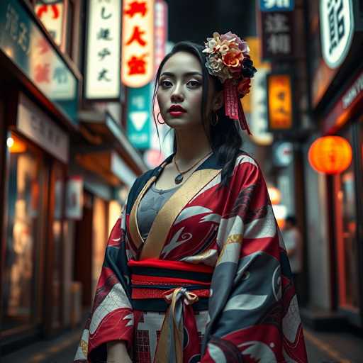 A young woman wearing traditional Japanese clothing stands on a city street at night, with the glow of neon signs and buildings illuminating her surroundings.