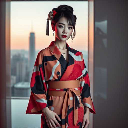 A young woman is standing against a window with her back facing the camera. She is wearing an orange and black kimono with a red belt cinched at the waist. The kimono has a pattern of circles and lines on it. The woman's hair is styled in an updo, and she is wearing a red lipstick that matches the color of her kimono.