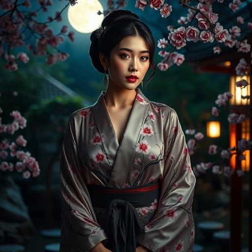 A young woman is standing against a backdrop of cherry blossoms and a full moon. She is wearing a traditional Japanese kimono with pink and white floral patterns on the sleeves and a black sash tied around her waist. The image has a dreamy quality to it, with soft lighting that enhances the ethereal atmosphere.