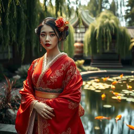 A young woman wearing traditional Chinese clothing stands in front of a pond filled with goldfish and surrounded by lush greenery.