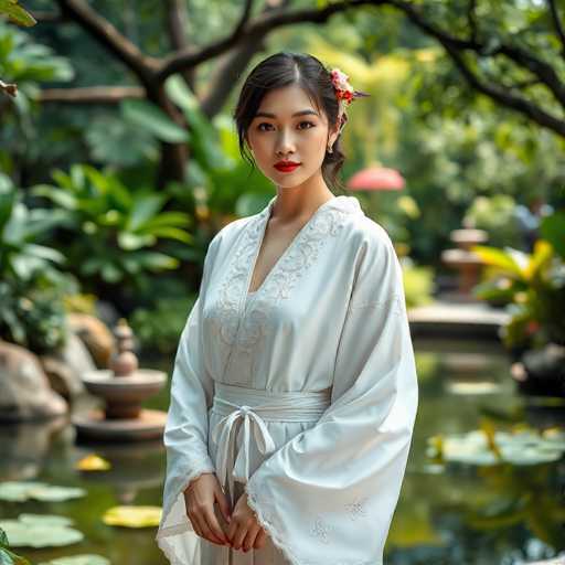 A young woman is standing in a garden surrounded by lush greenery and water features. She is wearing a white kimono with a floral pattern on the sleeves and a red headband. The background includes trees and bushes, creating a serene and tranquil atmosphere.