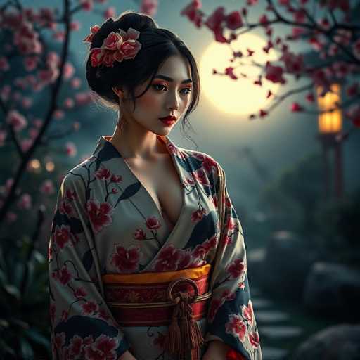 A woman is standing in front of a large tree with pink flowers and a lantern hanging from one of the branches. She is wearing a traditional Japanese kimono that has a floral pattern on it. The background features a dark sky filled with clouds, creating an atmospheric setting for the scene.