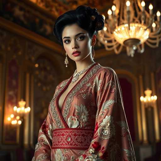 A woman is standing in front of a large chandelier and a painting on the wall. She is wearing an ornate pink and gold kimono with a red sash around her waist. The background features a grand room with a high ceiling and a chandelier hanging from it, creating a sense of opulence and elegance.