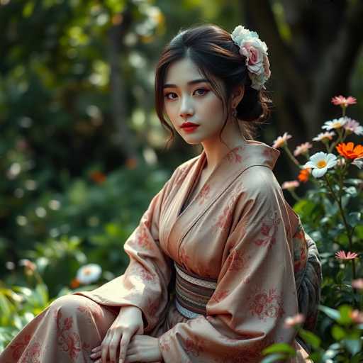 A young woman is seated on a bench in a garden, wearing a traditional Japanese kimono with pink and white floral patterns. She has her hair styled in an elegant updo, and she wears a flower in her hair that matches the colors of the flowers surrounding her. The background features trees and bushes, adding to the serene atmosphere of the scene.