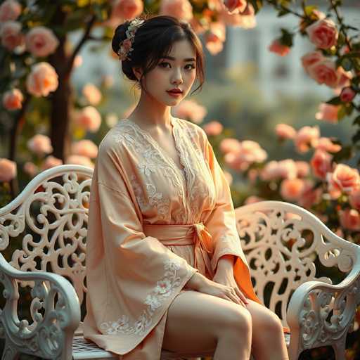 A young woman is seated on a white bench with an intricate wrought iron design. She is wearing a peach-colored robe and has her hair styled in an elegant updo. The background features pink roses blooming against a blurred cityscape backdrop.