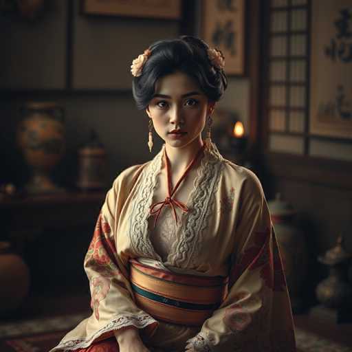 A young woman is seated on a chair with her back facing the camera. She is wearing a traditional Japanese kimono that is predominantly white and red, with gold accents. The kimono features a sash around her waist and a large collar adorned with a small pendant. The background of the image reveals a room filled with various objects, including vases and other decorative items.