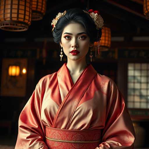 A young woman wearing traditional Japanese clothing stands in front of a wooden wall with lanterns hanging from it and a window behind her. She is looking directly at the camera with a serious expression on her face.