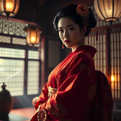 A young woman wearing a traditional Japanese kimono stands in front of a window with a wooden frame and lanterns hanging from it. The room is dimly lit, creating an atmospheric ambiance that complements the elegance of her attire.