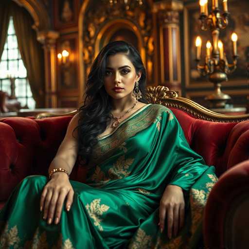 A woman is seated on a red velvet couch with gold trim and a large window behind her that lets in natural light. She is wearing a green saree adorned with gold embroidery and has her hands resting on the armrests of the couch. The room features ornate decorations, including a chandelier hanging from the ceiling and paintings on the walls.