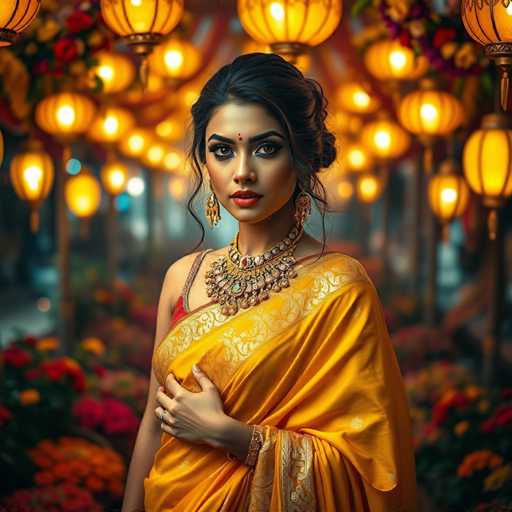 A woman is standing against a backdrop of yellow and red lights, wearing a gold and red saree with a gold necklace and earrings.