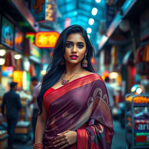 A young woman is standing on a street at night, wearing a traditional Indian saree with a red and gold pattern. She has dark hair styled in loose waves and is wearing earrings. The background of the image shows a busy market area filled with various shops and stalls, creating an urban setting for the scene.