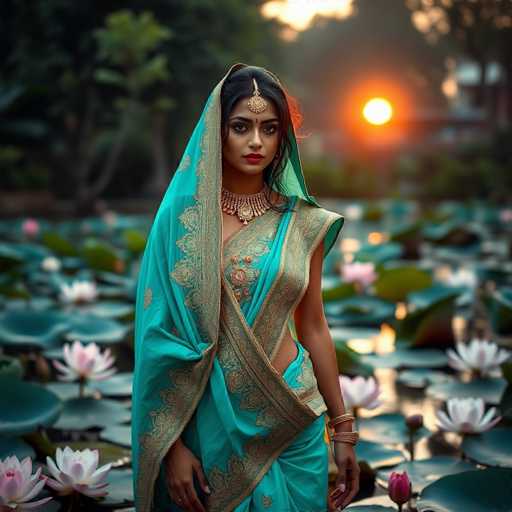 A woman is standing in front of a pond with pink and white lily pads. She is wearing a traditional Indian saree that is blue in color and has gold embroidery on the sleeves and collar. The woman also wears a gold necklace and earrings.