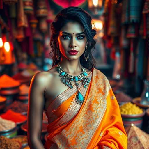 A woman is standing in front of a spice market stall with an orange saree and gold jewelry on her body. She has dark hair styled in loose curls and is wearing red lipstick. The spices around her are colorful and arranged in large bowls, creating a vibrant backdrop for the scene.