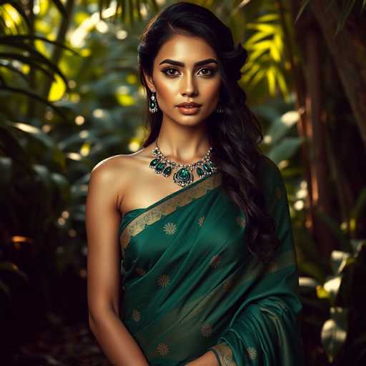 A woman is standing in front of a lush green forest with her back facing the camera and wearing a traditional Indian saree made of green fabric adorned with gold embroidery. She has dark hair styled in loose curls and is wearing earrings that complement her attire. The background features trees, adding to the natural ambiance of the scene.