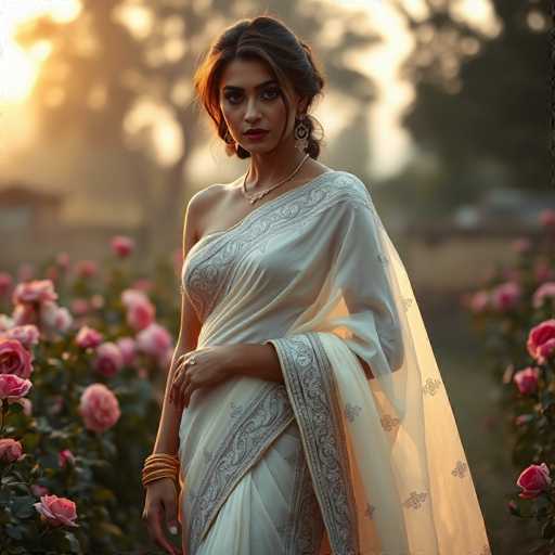 A woman is standing in front of a field filled with pink roses and trees. She is wearing a white saree that has a gold border on the sleeves and a silver chain around her neck. The woman's hair is styled in an updo, and she is wearing earrings.