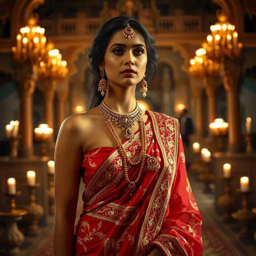 A woman is standing in front of a grand room with ornate columns and chandeliers hanging from the ceiling. She is wearing a red saree adorned with gold embroidery and a gold necklace that features a large pendant. The background is dark, creating an atmosphere of mystery and elegance.