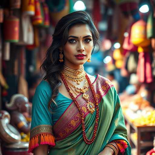 A young woman is the central figure in this image. She is wearing a traditional Indian saree and gold jewelry, including a necklace with red beads that complements her outfit. The background features colorful decorations hanging from the ceiling, adding to the festive atmosphere of the setting.