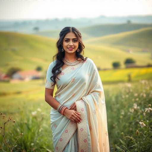 A young woman is standing in a field with her hands on her hips and looking directly at the camera. She is wearing a white saree with pink flowers and gold accents, and has a necklace around her neck. The background features rolling hills under a clear blue sky.