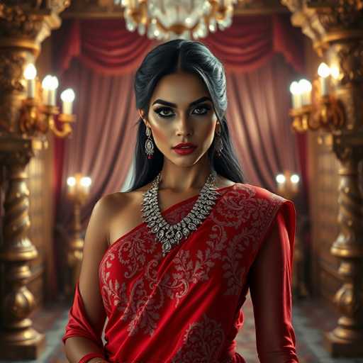 The image shows a woman wearing traditional Indian attire, including a red saree with gold embroidery and a necklace featuring large stones. She is standing in front of a grand room with a chandelier hanging from the ceiling, which appears to be illuminated by multiple lights. The background features a curtain that adds depth to the scene.