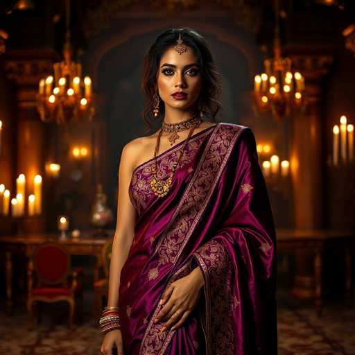 A woman is standing in front of a large chandelier and a table with candles on it. She is wearing a purple saree adorned with gold embroidery and a gold necklace. The background features an ornate archway and a painting on the wall behind her.