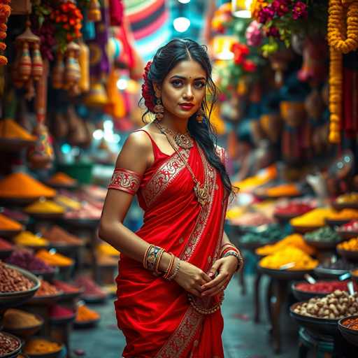 A woman wearing traditional Indian attire stands in a bustling market filled with colorful spices and herbs. She is positioned on the right side of the image, facing towards the left. The background is a vibrant display of various colors and textures, including reds, oranges, yellows, greens, blues, and browns.