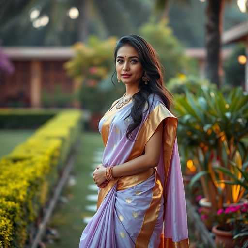 A young woman is standing on a stone path surrounded by lush greenery and colorful flowers. She is wearing a traditional Indian saree with gold accents that contrasts beautifully against the verdant backdrop. The woman's pose suggests she is posing for a photo in this serene setting, which appears to be an outdoor garden or park.