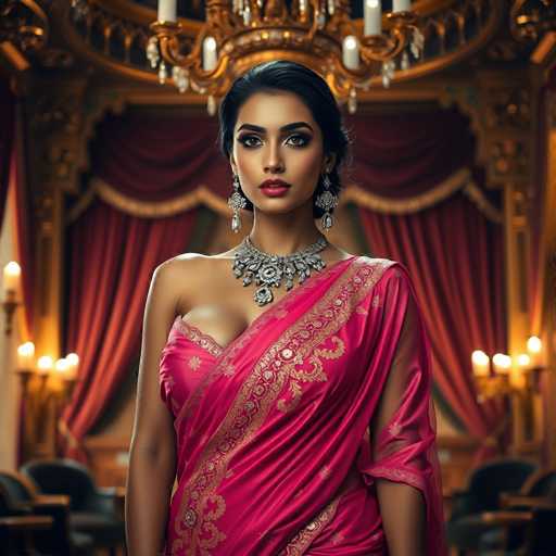 A woman is standing in front of a large window with gold curtains and a chandelier hanging from the ceiling. She is wearing a pink saree with intricate designs on it, and a necklace made of silver and gold. The background features a red curtain and a gold-colored wall adorned with a painting.