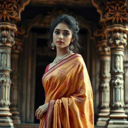 A young woman is standing in front of a temple entrance, wearing an orange saree with red and gold accents and a gold necklace.