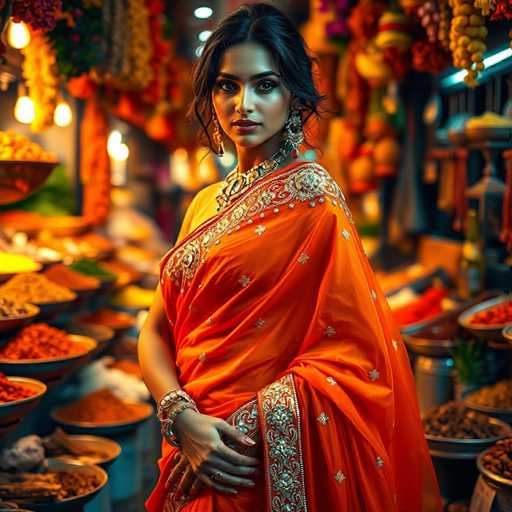 A woman is standing in front of a spice market stall, wearing an orange saree with gold and white embroidery on the sleeves and collar. She has her hands placed on her hips and is looking directly at the camera. The background features various spices and herbs displayed in bowls and jars, creating a vibrant and colorful scene.