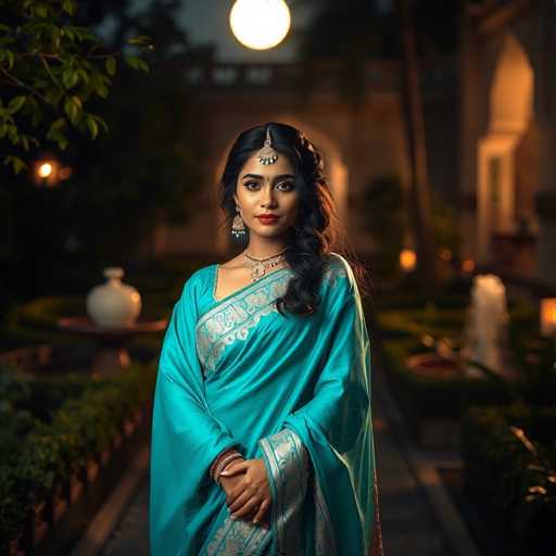 A woman is standing in front of a fountain and a building at night. She is wearing a blue saree with silver accents and a gold necklace. The background features the silhouettes of trees against a dark sky.