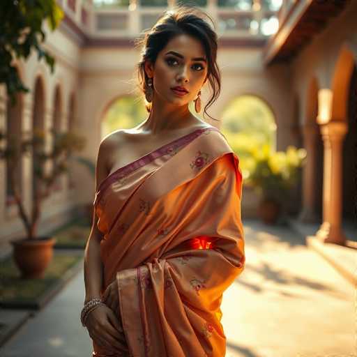 A woman is standing on a stone patio with a large archway and a tree behind her. She is wearing an orange saree decorated with pink flowers and gold accents. The woman has dark hair styled in loose curls and is looking directly at the camera.