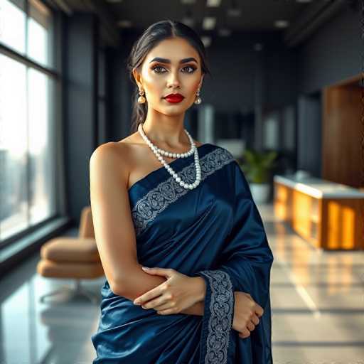 A woman is standing in front of a window with her arms crossed and hands on her hips. She is wearing a blue saree that has a white border around the waist, and she is also wearing a pearl necklace and earrings. The background features a wooden floor and a glass door leading to another room.