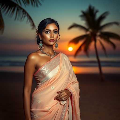 A woman is standing on a beach at sunset, wearing an orange and white sari with gold accents and earrings. The sky behind her is painted in shades of pink and orange, creating a beautiful backdrop for the scene.