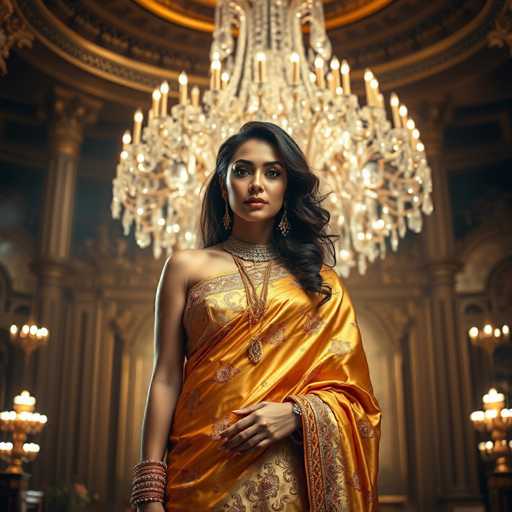 A woman is standing in front of a large chandelier and a grand room with ornate columns. She is wearing an orange saree adorned with gold embroidery and a gold necklace. The woman has her hands placed on her hips and is looking directly at the camera, exuding confidence and elegance.