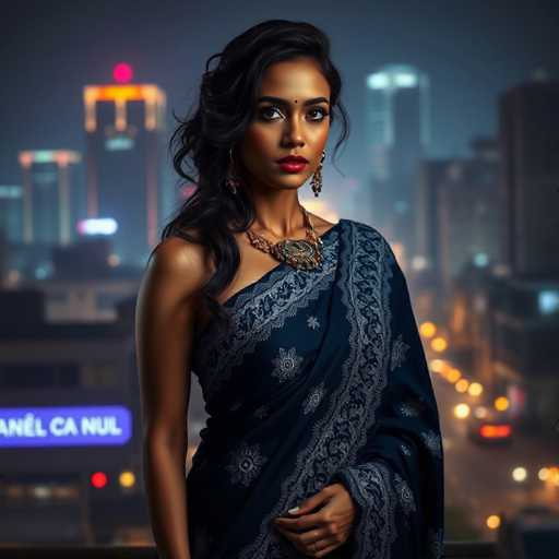 A woman is standing on a balcony at night, wearing a blue saree with gold embroidery and a necklace of gold and blue beads around her neck. The city skyline can be seen in the background, illuminated by bright lights that cast an ethereal glow over the scene.