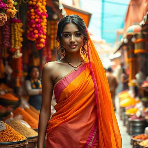 A young woman wearing an orange saree and gold earrings stands in front of a spice market stall filled with various spices and herbs. The vibrant colors of the spices contrast beautifully against her attire, creating a striking visual effect.