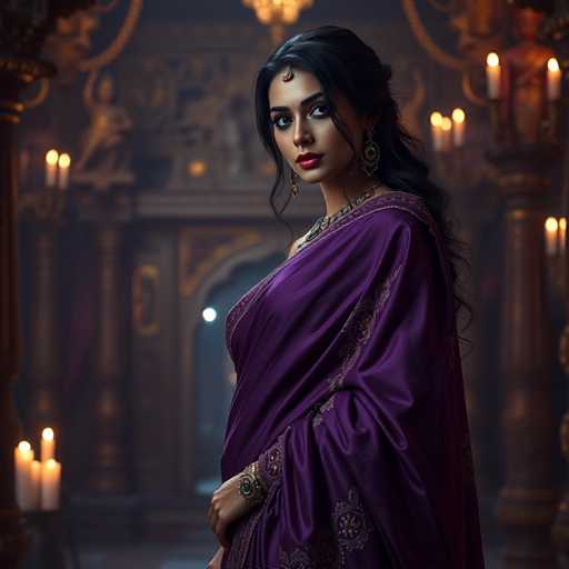 A woman is standing in front of a grand room with ornate columns and a chandelier hanging from the ceiling. She is wearing a purple saree adorned with gold embroidery and a red headpiece. The background features candles that cast a warm glow on the scene, creating an atmosphere of elegance and sophistication.