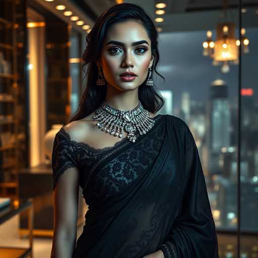 A woman is standing against a city skyline backdrop with her hair styled in loose waves and wearing a black saree adorned with intricate lace designs on the sleeves. She is also wearing a necklace featuring large pearls and earrings that complement her attire. The image has a modern and artistic style, with a focus on the interplay of light and shadow against the cityscape backdrop.