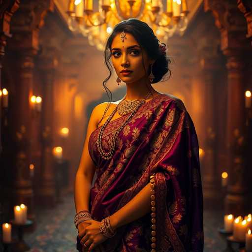 A woman is standing in front of a chandelier and a doorway with columns, wearing a purple saree adorned with gold accents and jewelry. The background features candles that cast a warm glow on the scene.